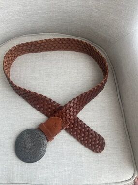 Vintage AE Brown Braided Leather Boho Belt with Large Medallion Buckle Size L/XL